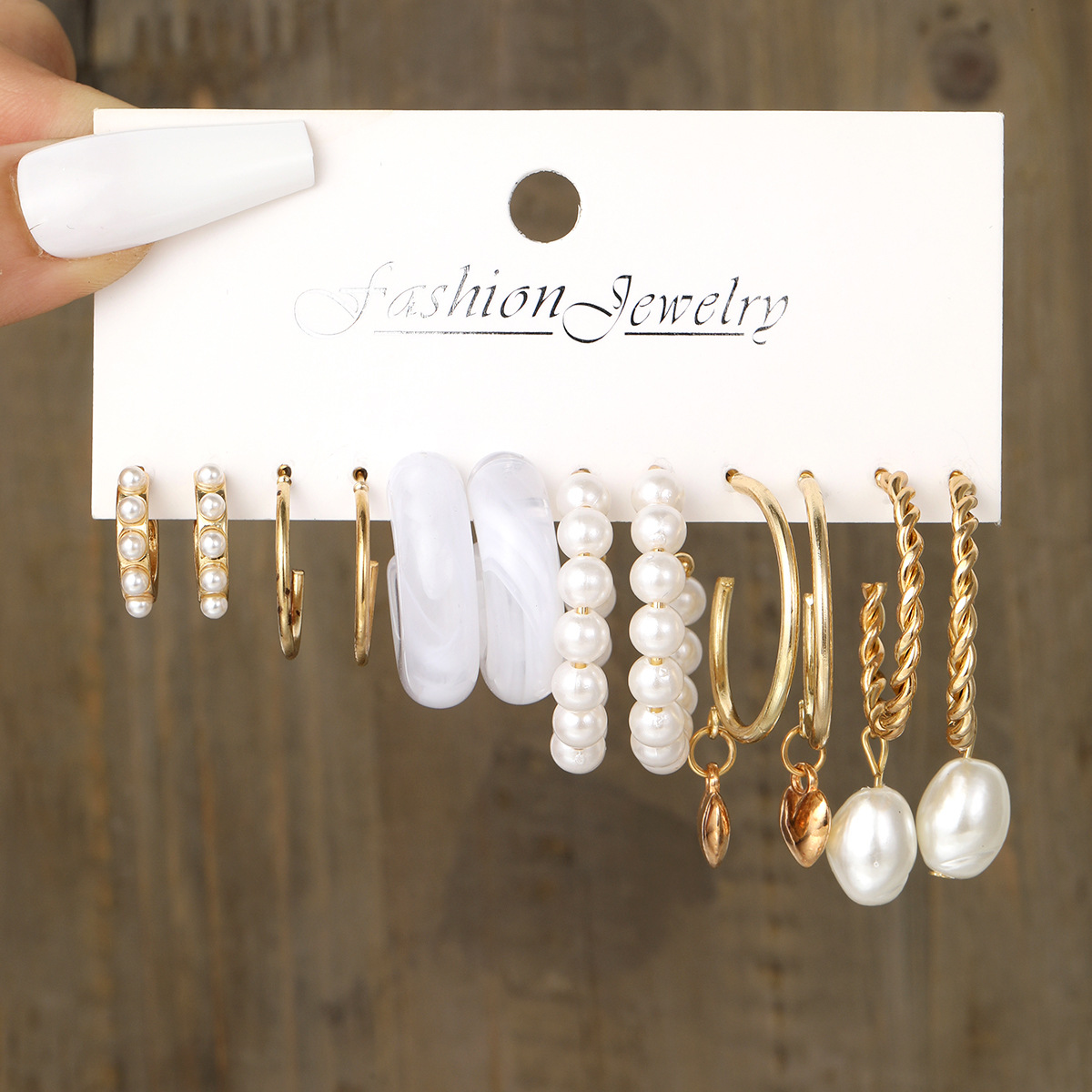 European and American cross-border retro pearl earring personalized C-shaped resin earring set 6-piece Earring set full figure