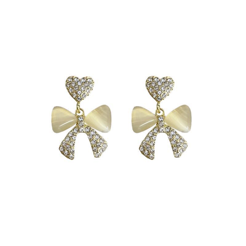 S925 silver needle exquisite full diamond heart-shaped bow cat's eye stone earrings, a new style of women's earrings, exuding a gentle and elegant charm Item Picture