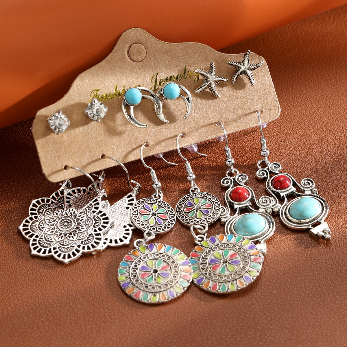 A set of 6-piece cross-border Bohemian-style turquoise carved earrings for women, featuring a retro and individualistic style Application Scenario