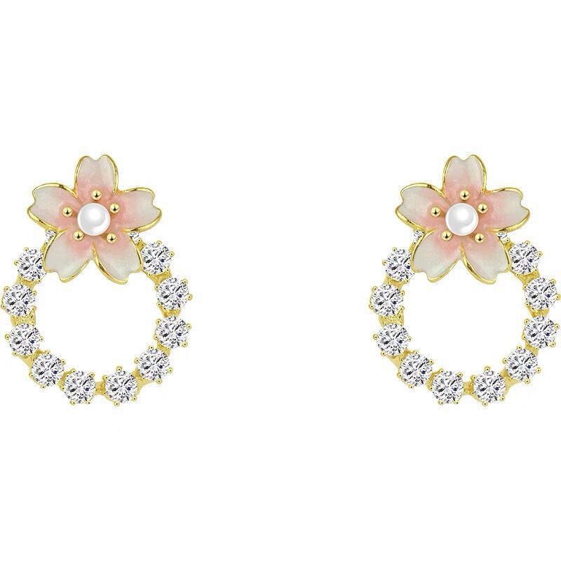 S925 Silver needle pink oil cherry blossom stud earrings, a niche Korean fashion diamond-encrusted pearl circle flower earrings for women Item Picture