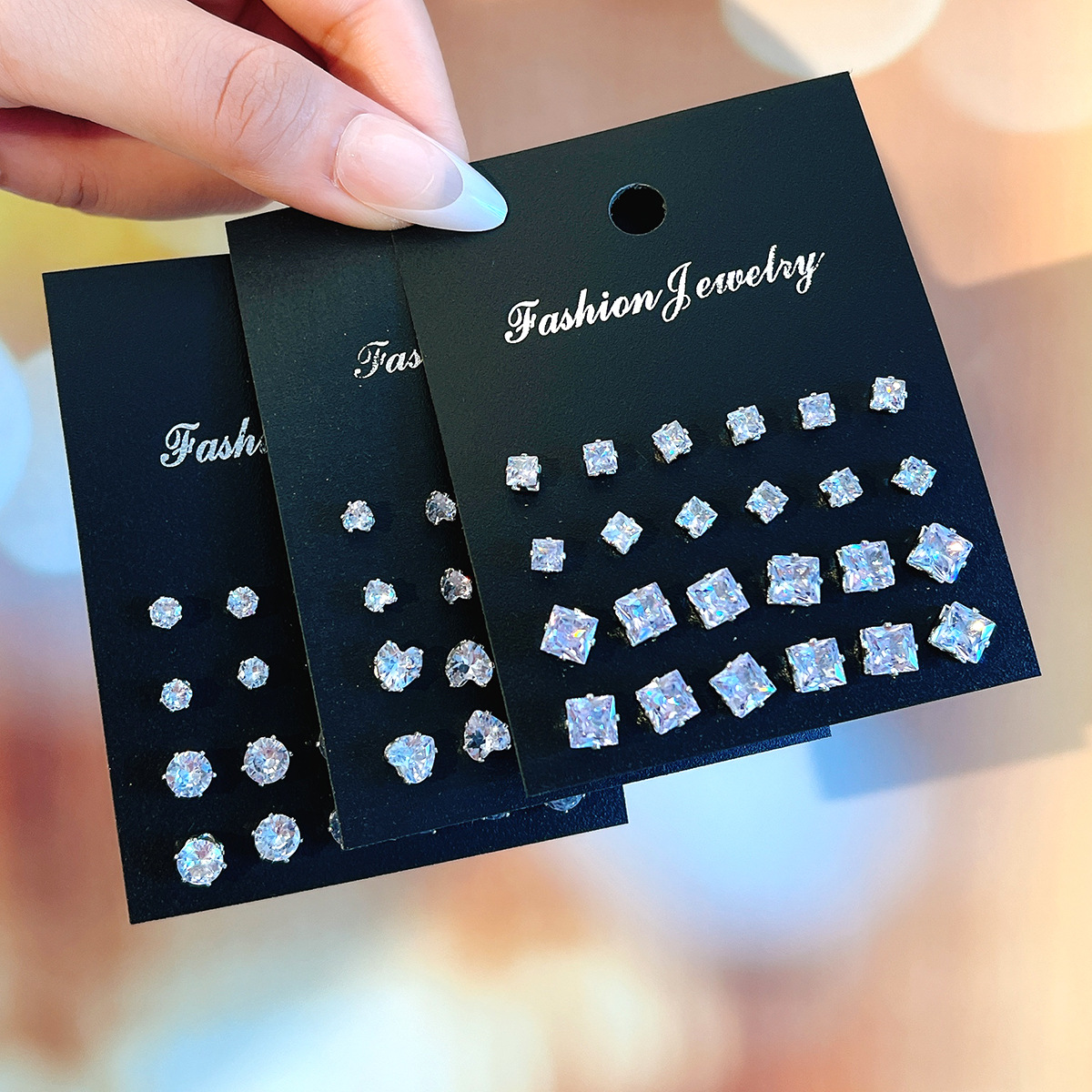Cross-border fashion ins simple square geometric Zircon stud earrings 36-piece set, high-end and elegant heart-shaped earrings wholesale full figure