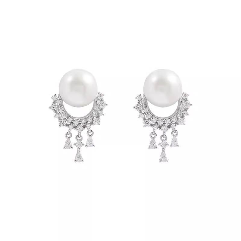 925 Silver needle pearl diamond-encrusted tassel earrings, women's fashionable and light luxury style stud earrings, French niche design sense earrings Item Picture