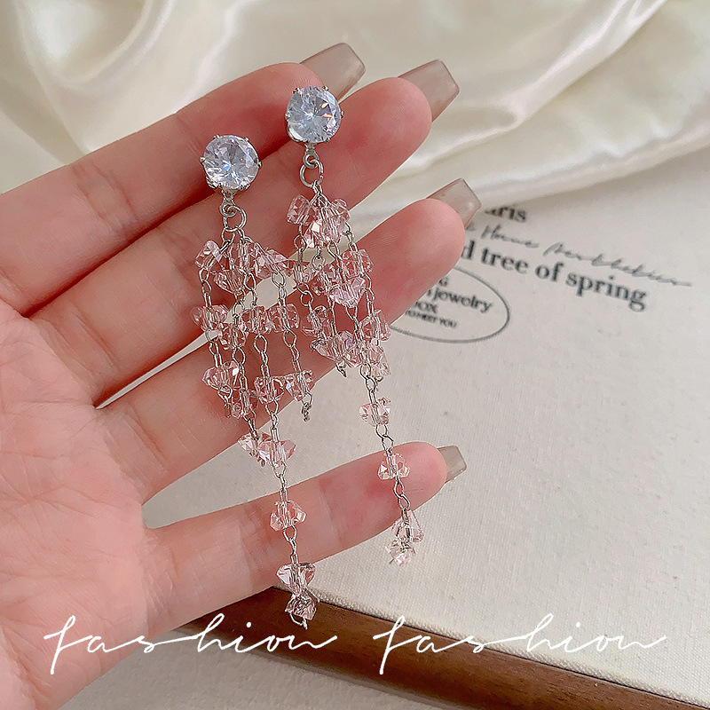 Long pink zircon tassel bow stud earrings for women, new spring and summer style, sweet and elegant, high-end and face-enhancing small earrings details Picture