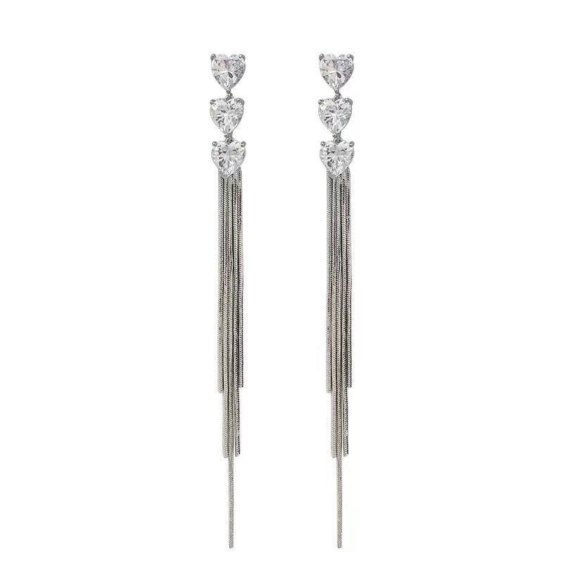 Zircon heart-shaped tassel earrings 2024 New bestseller, unique stud earrings, women's light luxury, niche and high-end earrings wholesale Item Picture