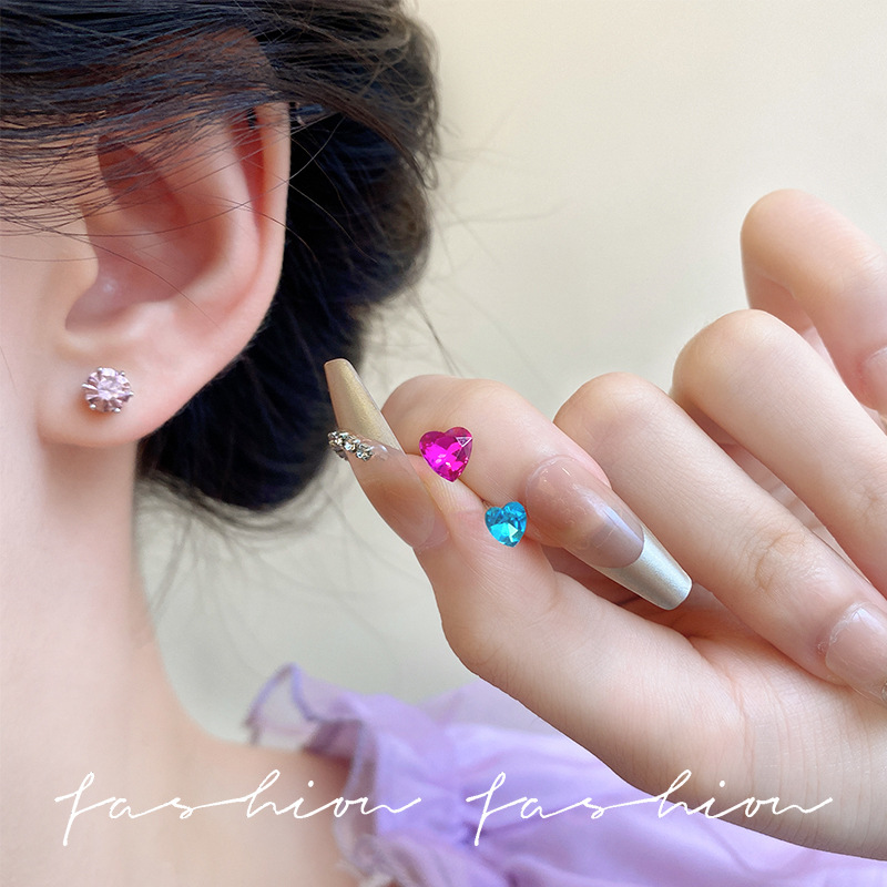 S925 Silver Needle Ear Care Girl Color Pink Diamond Set, zirconia Simple Ear Bone Stud, no need to remove earrings when sleeping details Picture