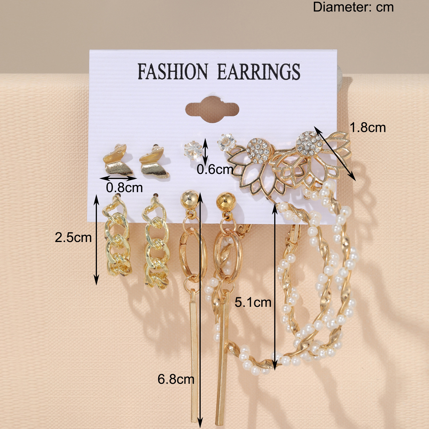 A set of 6 pairs of creative hollowed-out butterfly geometric tassel earrings imitating pearl with cross-border chains from Europe and America details Picture