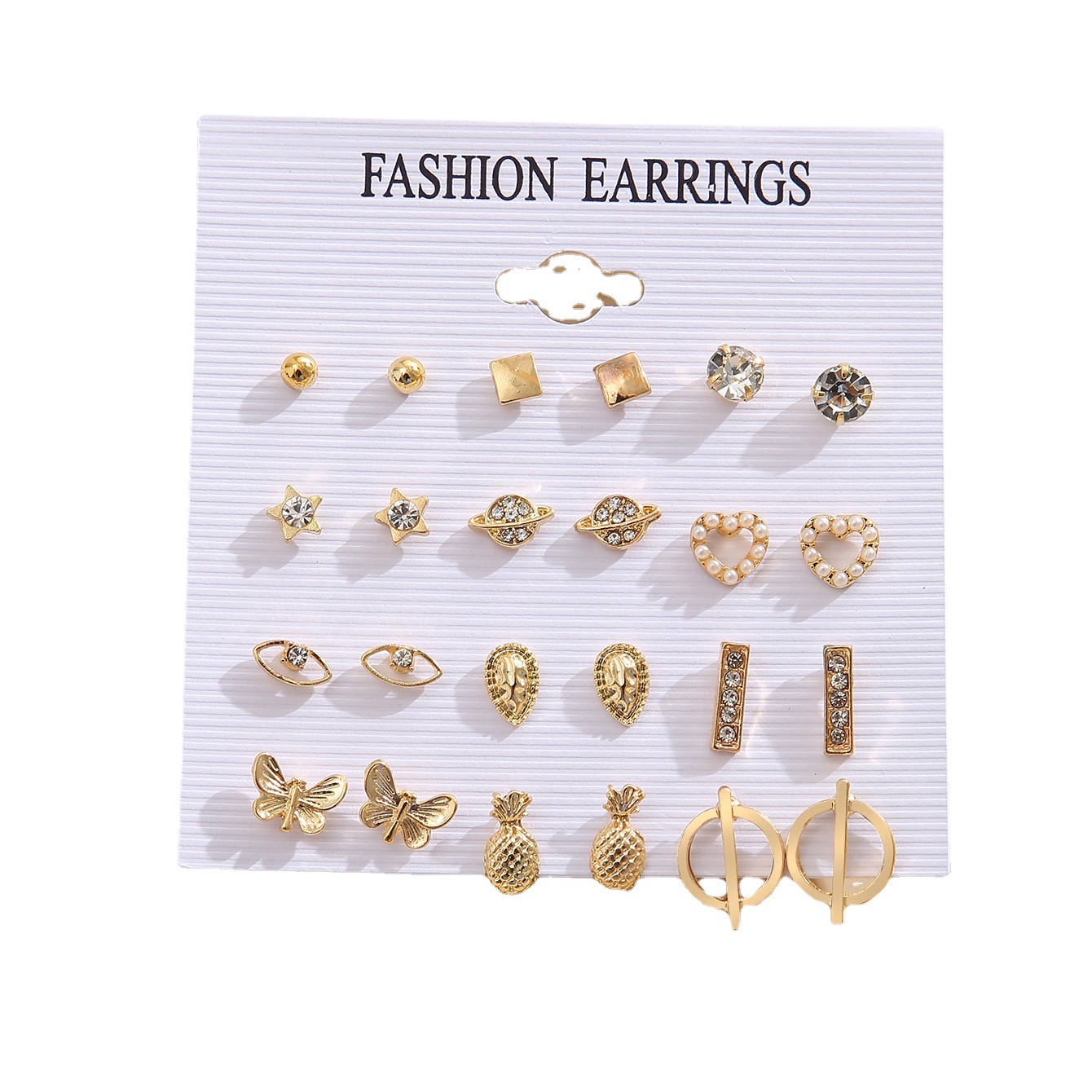 A 12-piece set of creative and simple pineapple teardrop stud earrings in an ins style with diamond hearts, starry sky eyes and geometric stud earrings Item Picture