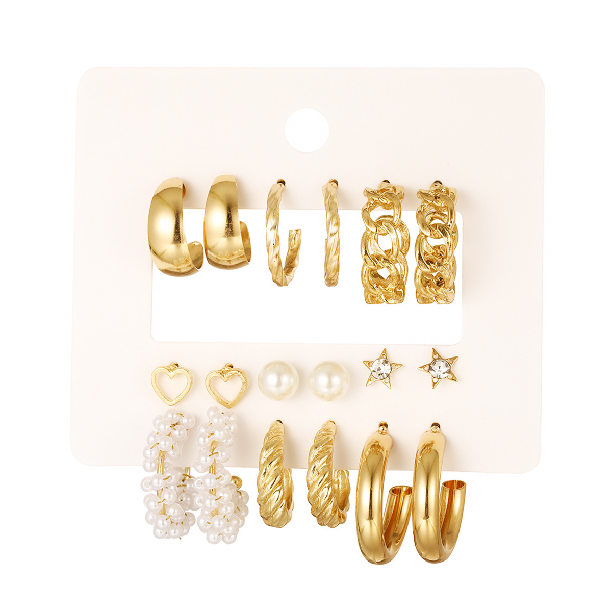 A new cross-border metal twist earring set of 9 pieces, featuring multiple pairs of creative and simple ear rings and geometric earrings Item Picture
