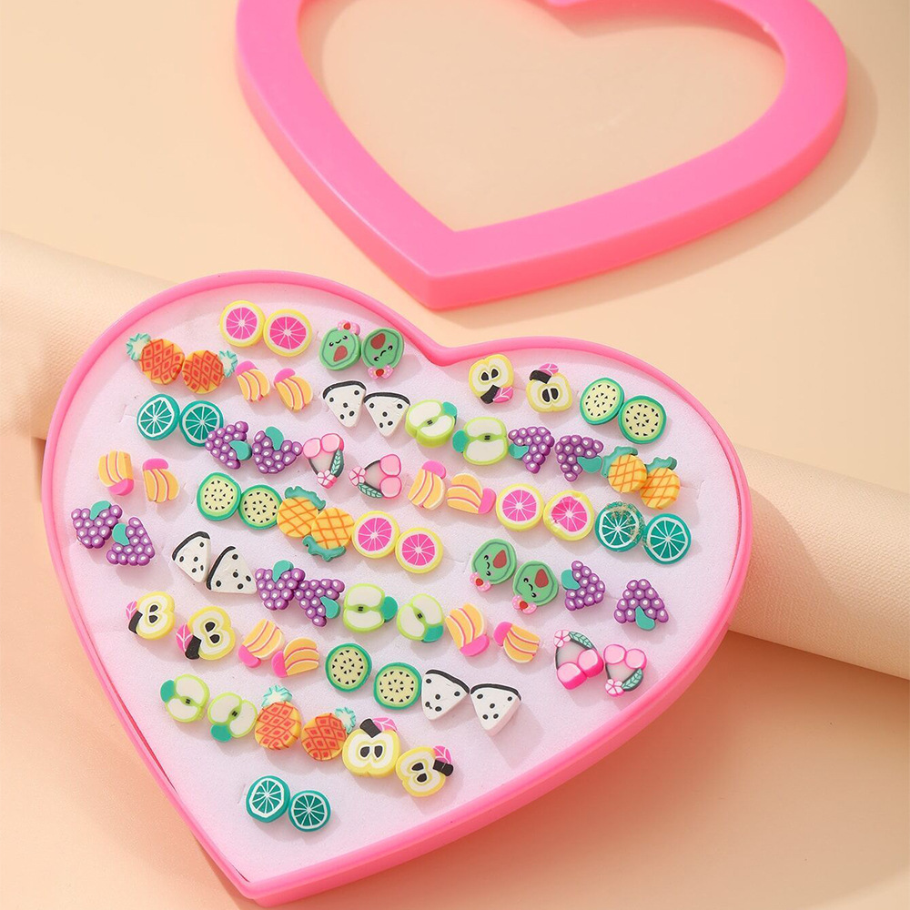 New European and American soft clay fruit stud earring set, 36 pairs of heart-shaped gift box, children's Korean version cute stud earrings full figure