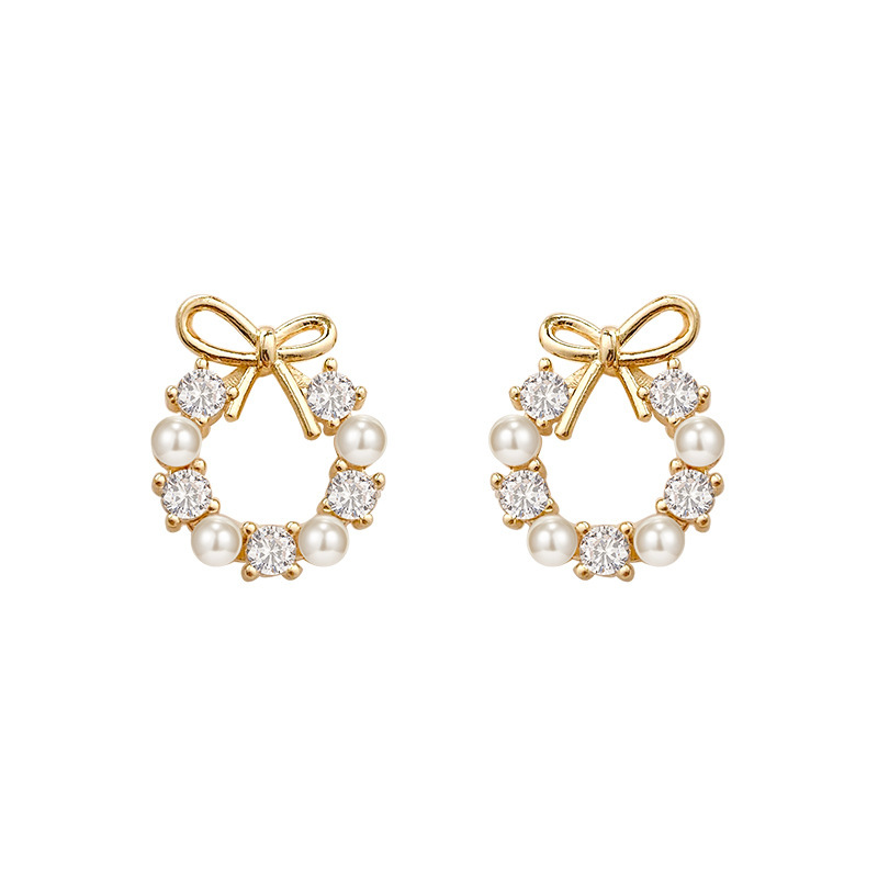 Korean Internet celebrity style, small bow stud earrings, female design sense, diamond-encrusted circle earrings S925 silver needle earrings Item Picture