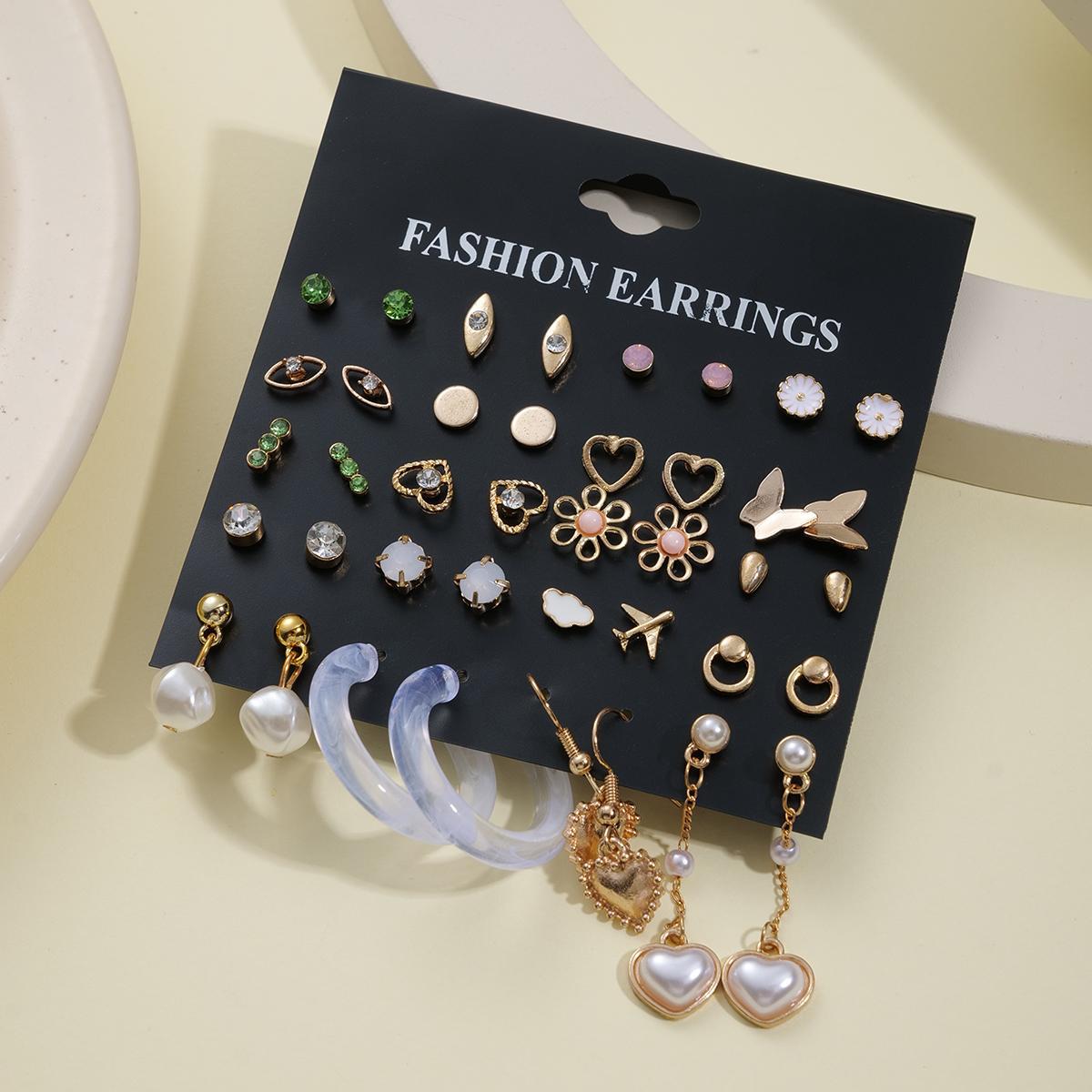 A new cross-border fashion and simple set of 20-piece heart-shaped flower butterfly stud earrings from Europe and America, featuring retro pearl earrings Specification drawing