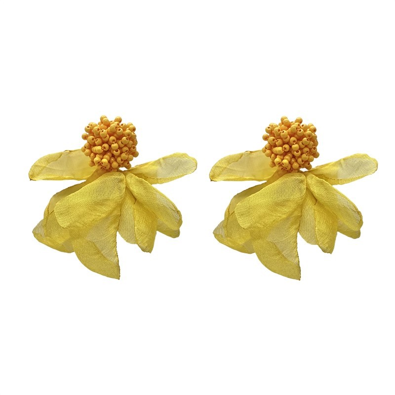 French yellow chiffon flower earrings, retro and ethereal, exaggerated stud earrings, vacation style, and niche design sense earrings Item Picture