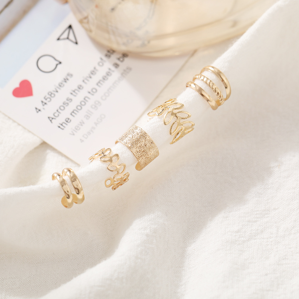 Creative and simple five-piece ear bone clip set without ear holes, personalized golden leaf hollowed-out multi-layer earrings, C-shaped ear clips Application Scenario