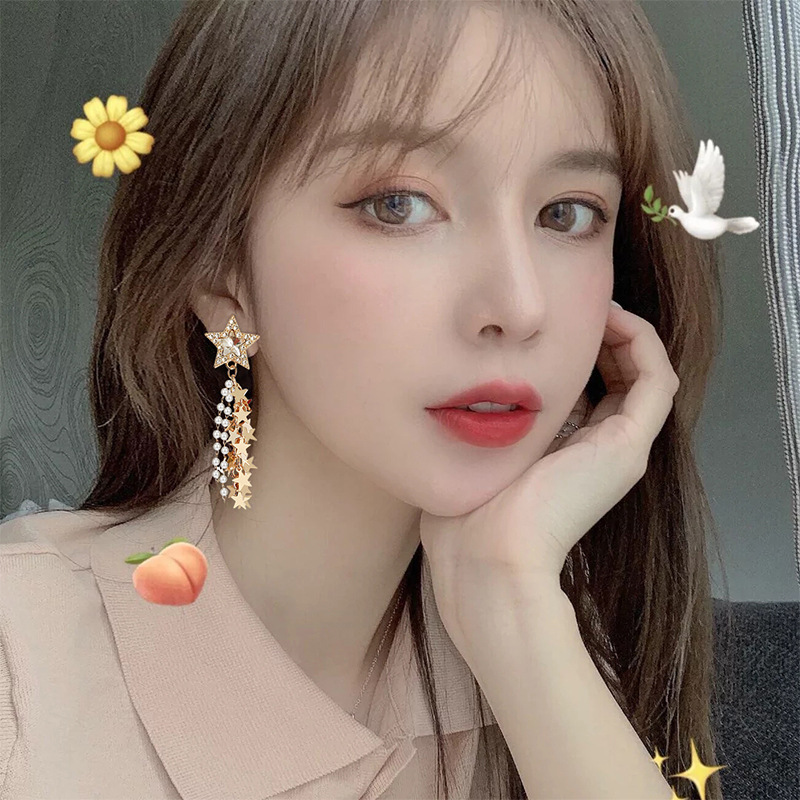 925 Silver Needle Super Sparkling Five-pointed Star Earrings, versatile for women, tassel pearl earrings, Korean style, trendy earrings Application Scenario