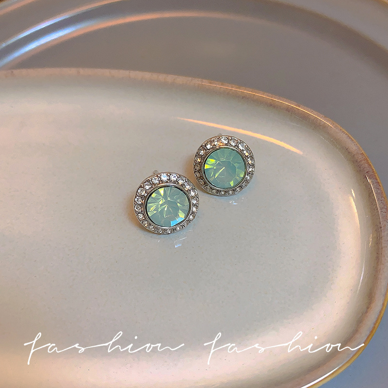 925 silver needle emerald full diamond round stud earrings, retro, simple and elegant earrings, light luxury style Yiwu accessories Specification drawing