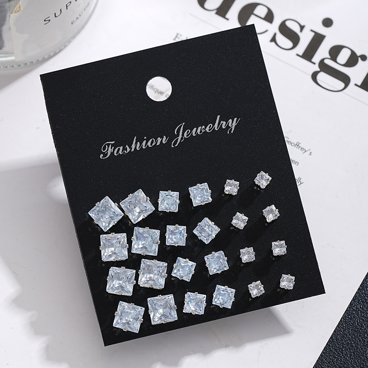 A new set of 12 pieces of fashionable geometric square zirconia stud earrings with a touch of creativity, high-end style and diamond-encrusted design from Europe and America Application Scenario