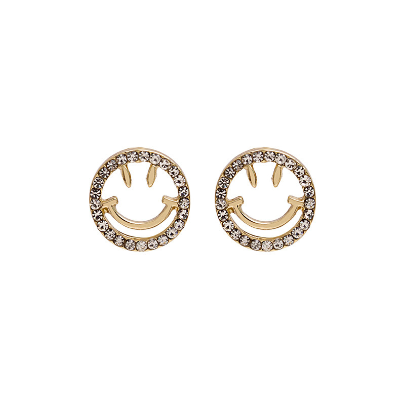 925 Silver Needle Smiley Face Stud Earrings, Korean style, hollowed-out and diamond-encrusted smile, delicate and small earrings, sweet and versatile earrings Item Picture