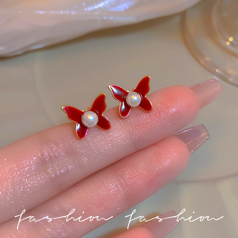 Reddish-brown oil-dripping bow stud earrings for women, retro and light luxury pearl earrings, sweet and elegant, small and exquisite earrings full figure