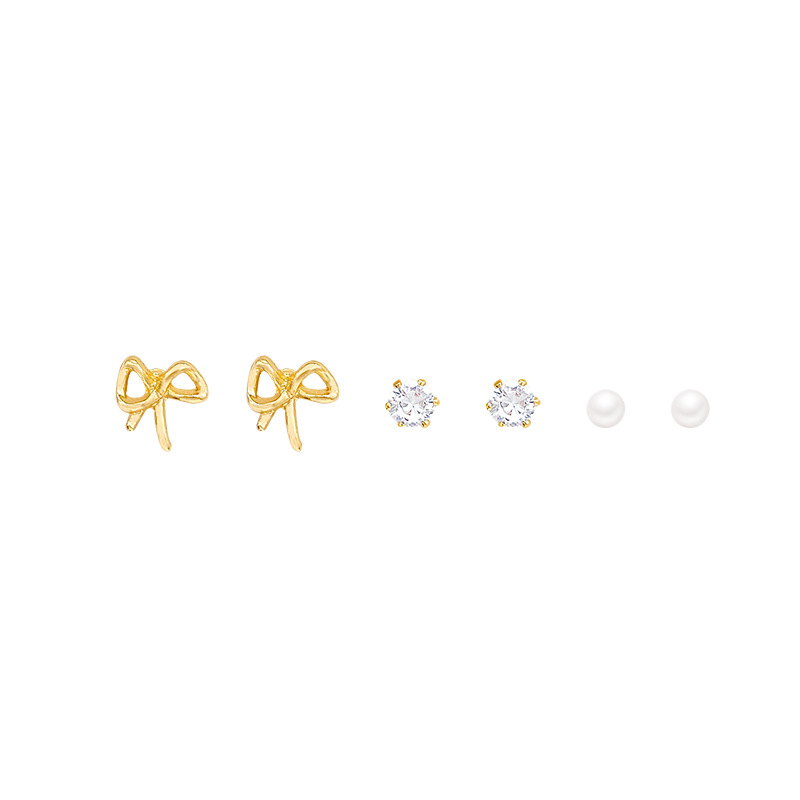 3 pairs of bow stud earrings set, super ethereal and simple small earrings, a girlish and high-end InS-style pearl versatile earrings Item Picture