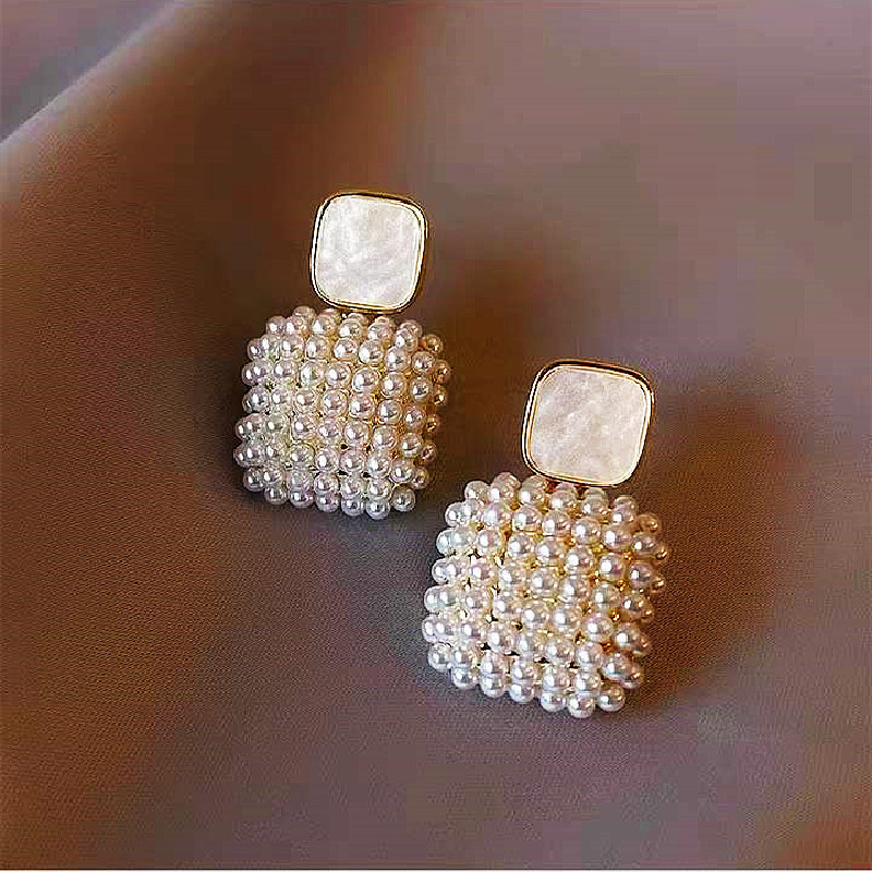 S925 Silver Needle Forest-themed Super Fairy geometric Pearl earrings, super fairy design sense, elegant stud earrings, internet-famous earrings full figure