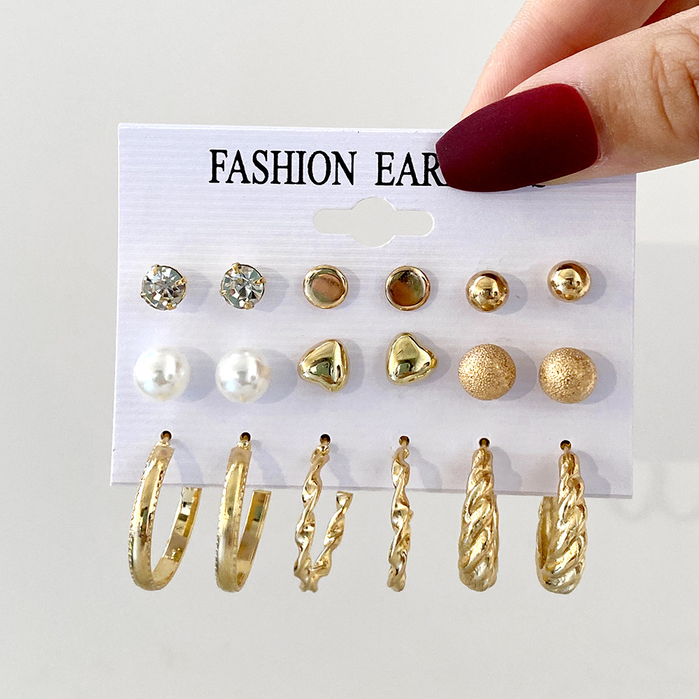 Wholesale of new and simple cross-border earrings from Europe and America. Creative, simple and retro imitation pearl circle stud set, 9 pairs details Picture