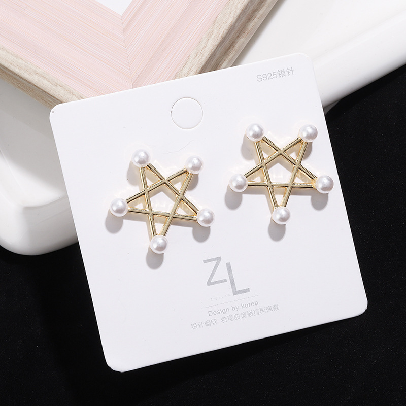 S925 Silver Needle Korean style simple five-pointed star pearl sweet girl Versatile stud earrings details Picture