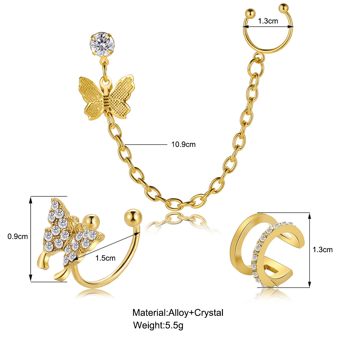 Wholesale of European and American earring sets with diamond butterfly ear clips insC type ear bone clips without ear holes and inlaid rhinestones details Picture