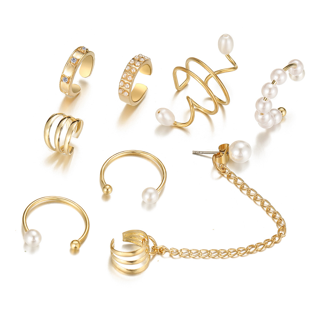 New best-selling creative imitation pearl tassel ear bone clips without ear holes, 8-piece set of large and small pearl ear clips Item Picture