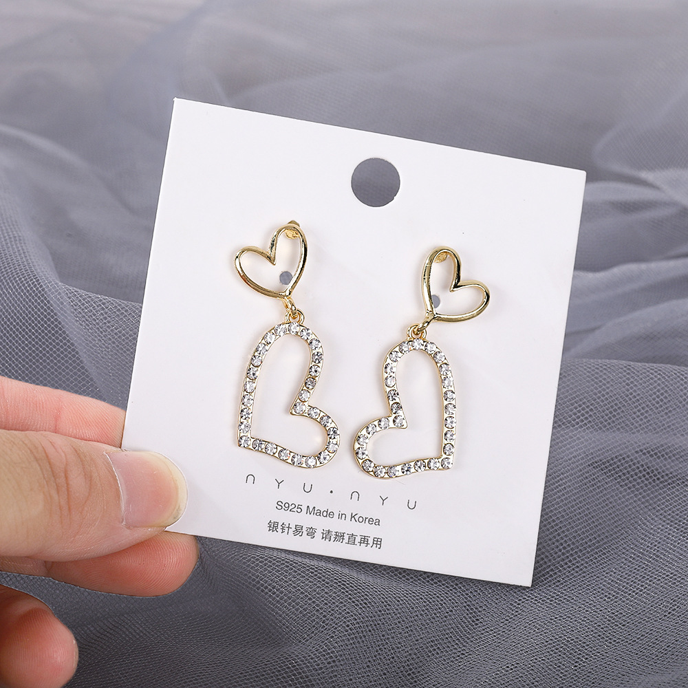 S925 Silver Needle Double-layer diamond-encrusted heart-shaped earrings, trendy Korean-style stylish earrings, long earrings for female Internet celebrities, stud earrings full figure