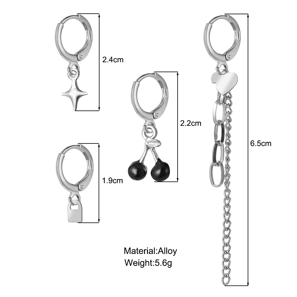 Dark style ins Little cherry simple sweet and cool girl ear buckle, heart bear heart ear stud 6-piece ear buckle set details Picture