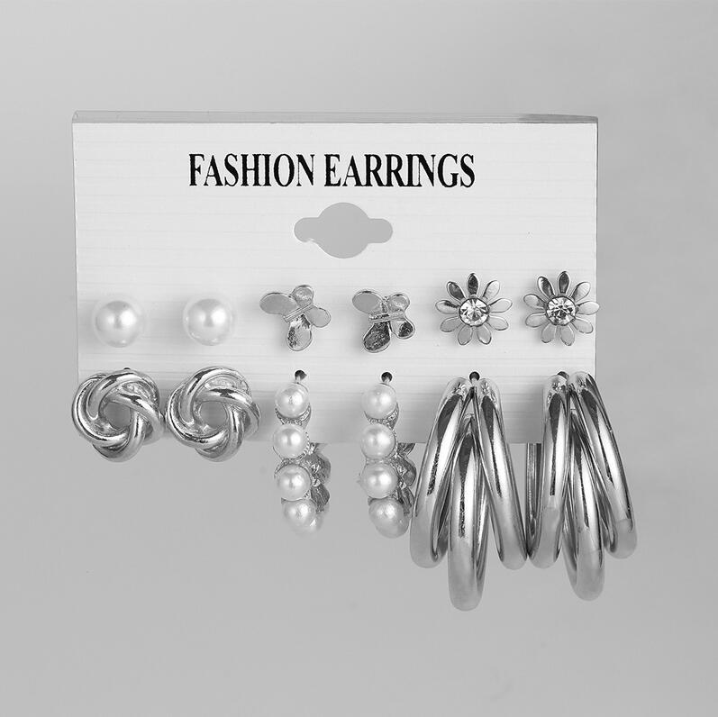 Cross-border imitation pearl leopard print acrylic stud earrings creative retro gold geometric twist earrings set of 6 pairs details Picture