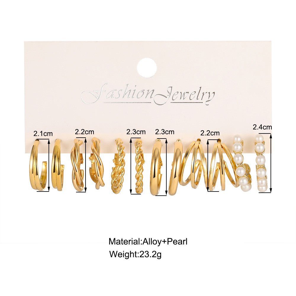A 18-piece set of fashionable, creative and exquisite C-shaped geometric pearl metal earrings, a popular cross-border accessory from Europe and America for women details Picture