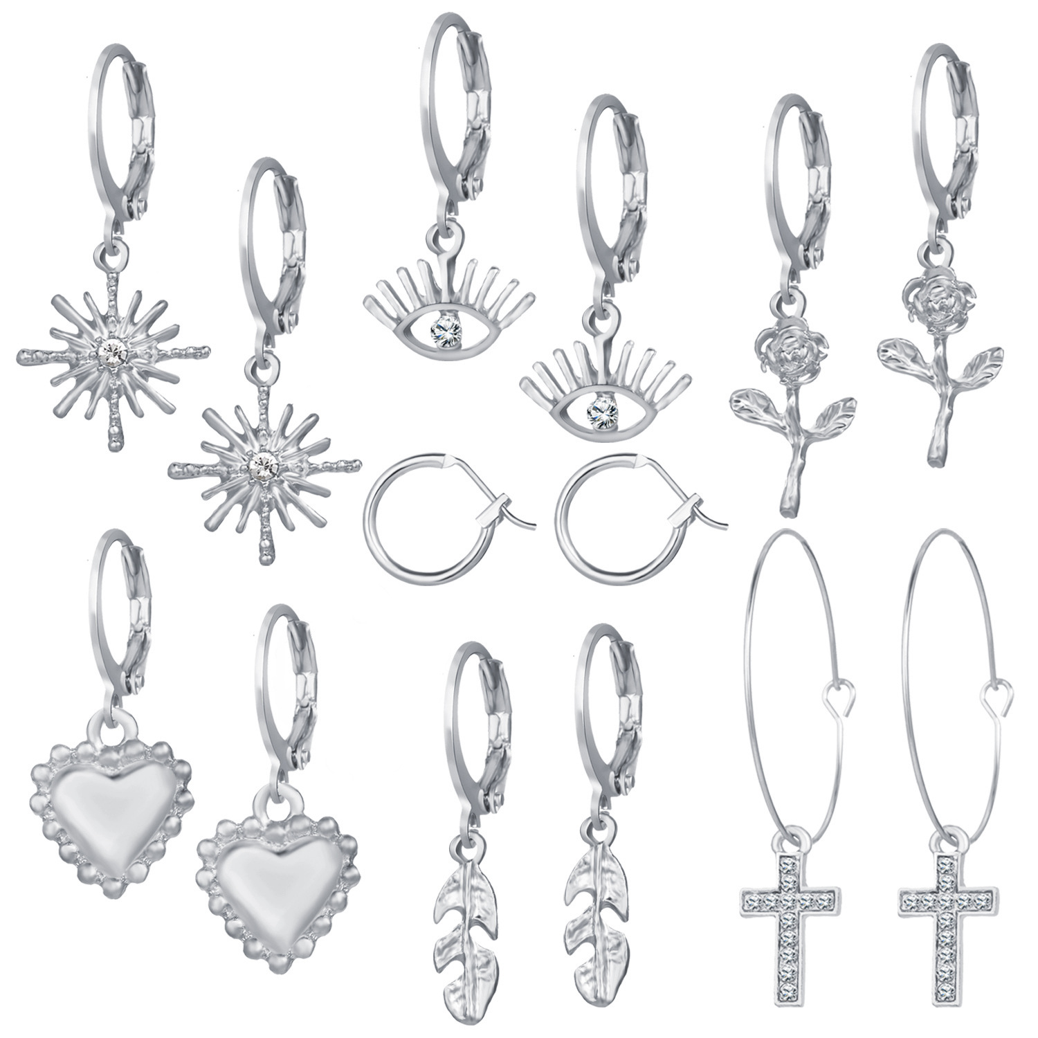 A 7-piece set of cross-border European and American creative InS-style personalized heart-shaped ear rings, tulip cross leaf earrings Application Scenario