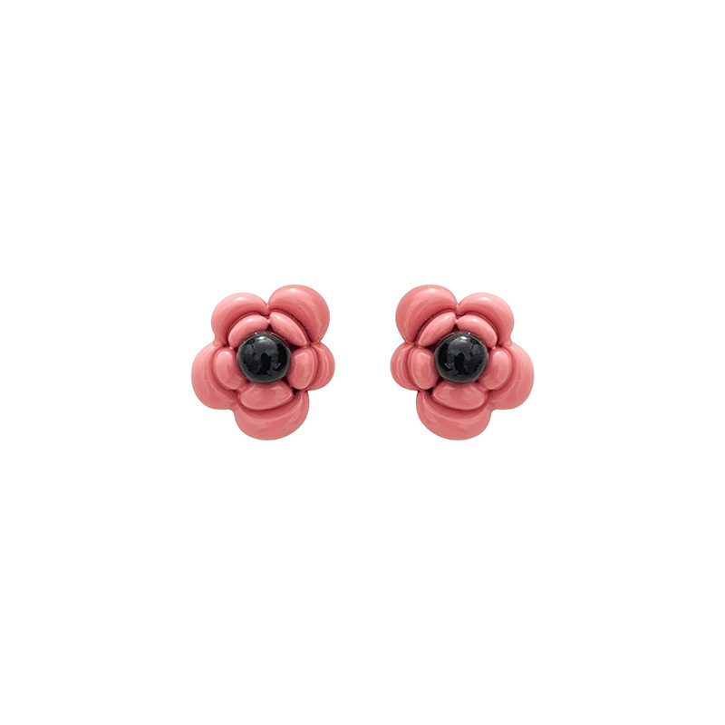 Obsidian plum pink retro French camellia flower earrings for women, a light luxury and high-end feel, a small and ethereal sweet stud Item Picture