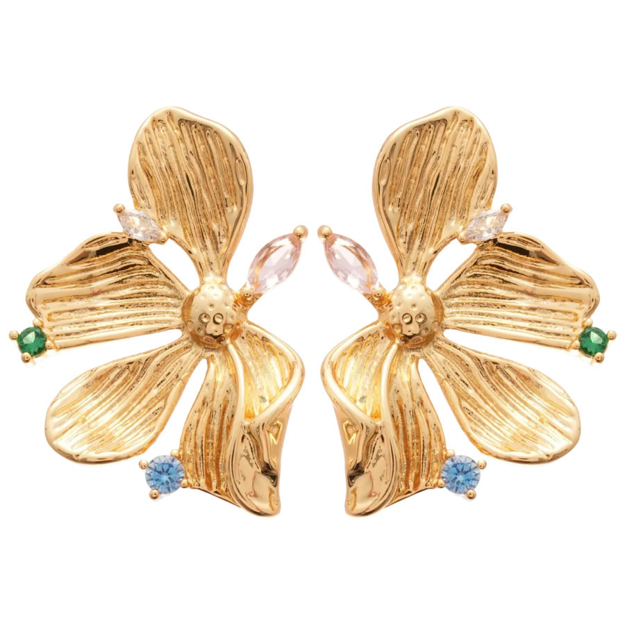 Super fairy-like French retro colored zircon gold flower earrings, female metal cold and high-end light luxury stud earrings Item Picture