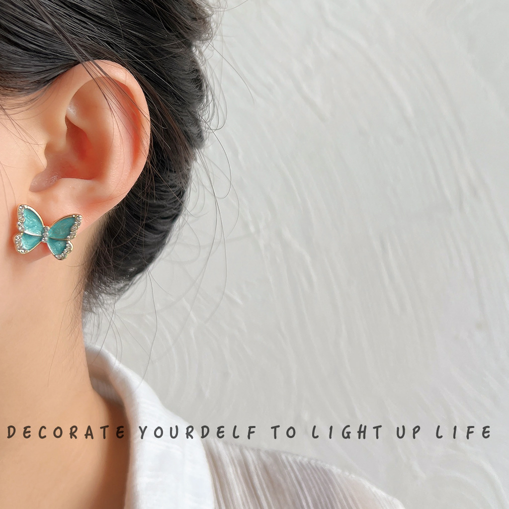 S925 Silver needle Full diamond butterfly stud earrings, sweet and simple, ins oil-dripping earrings, diamond-encrusted earrings factory wholesale direct sales details Picture