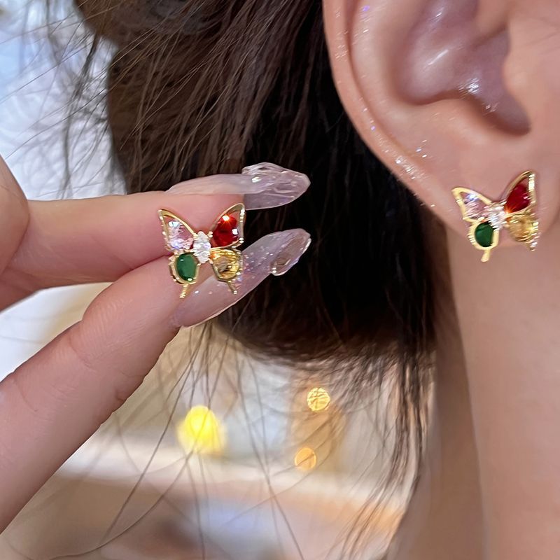 Colorful butterfly zircon stud earrings for women in summer's ins style, super ethereal, light luxury earrings, exquisite, small and high-end earrings full figure
