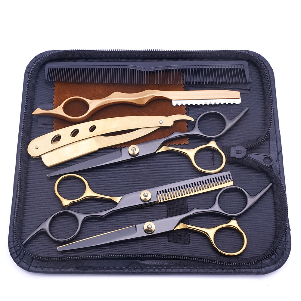 Factory direct sales of black gold hairdressing scissors, special flat scissors for hair care, thin and broken hair clippers, and household hairdressing scissors sets undefined