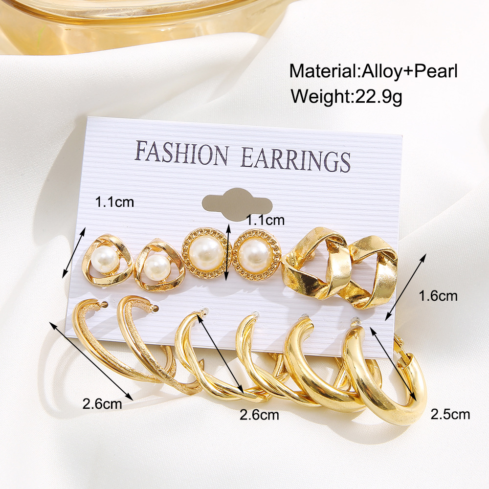 A new set of 6-piece earrings with a light luxury and high-end feel, featuring European and American golden geometric point diamond earrings details Picture