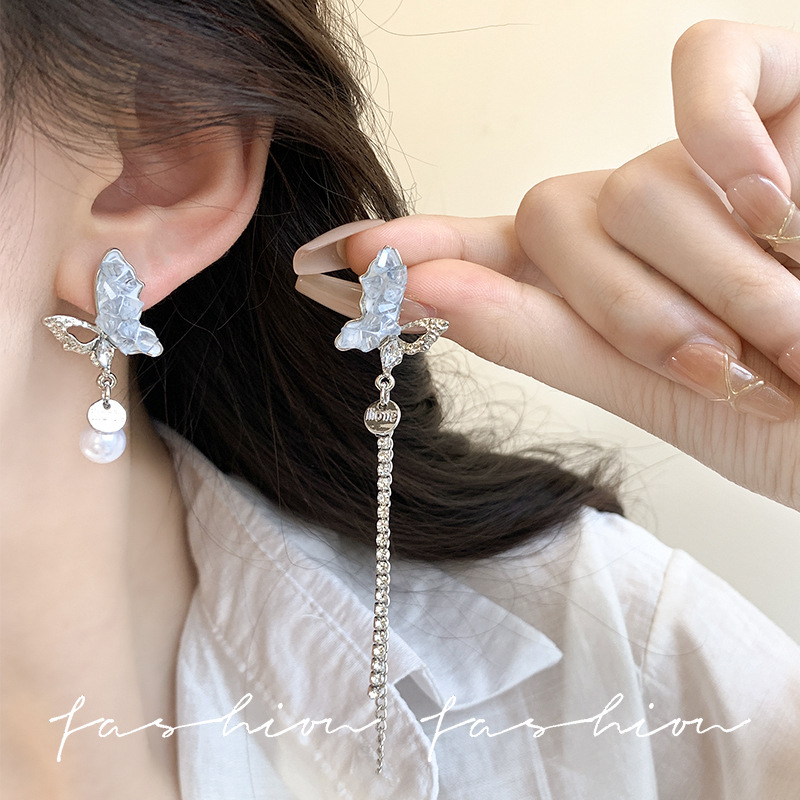 Asymmetrical butterfly crystal pearl tassel earrings, high-end and elegant new earrings S925 silver needle stud earrings for women details Picture