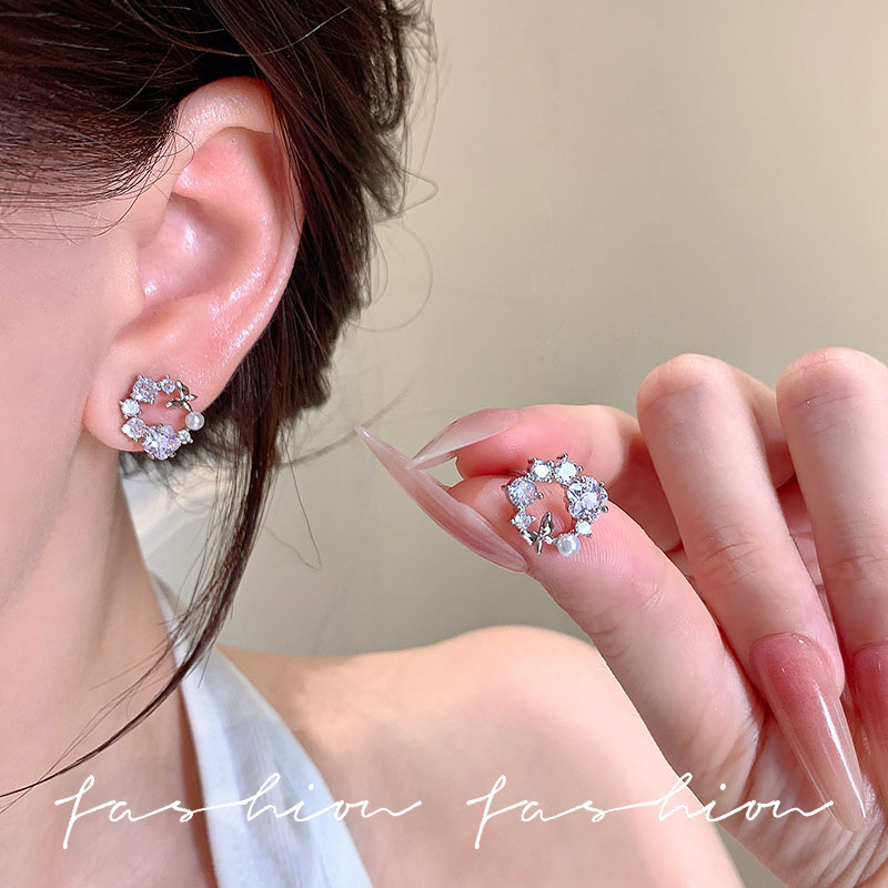 Fairy-like light luxury butterfly wreath pearl stud earrings for women, Japanese and Korean style, small and versatile, high-end zircon earrings wholesale details Picture