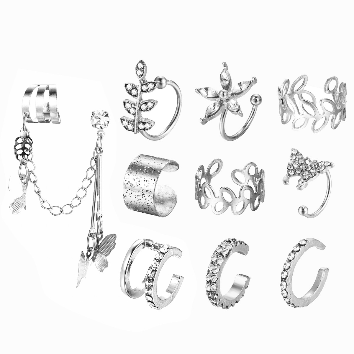 A 10-piece set of new cross-border non-perforated pseudocartilage ear bone clips with no ear holes and hollow C-shaped ear clips for men and women from Europe and America Item Picture