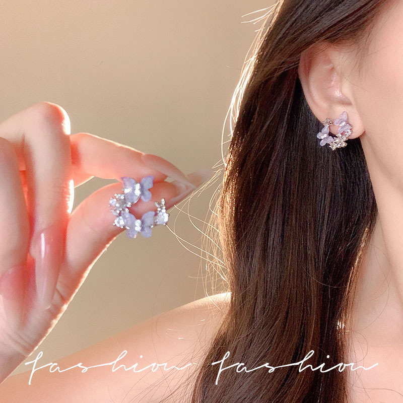 Gentle and sweet butterfly flower earrings, women's micro-inlaid zircon, light luxury, niche design sense, high-end summer earrings and earrings full figure