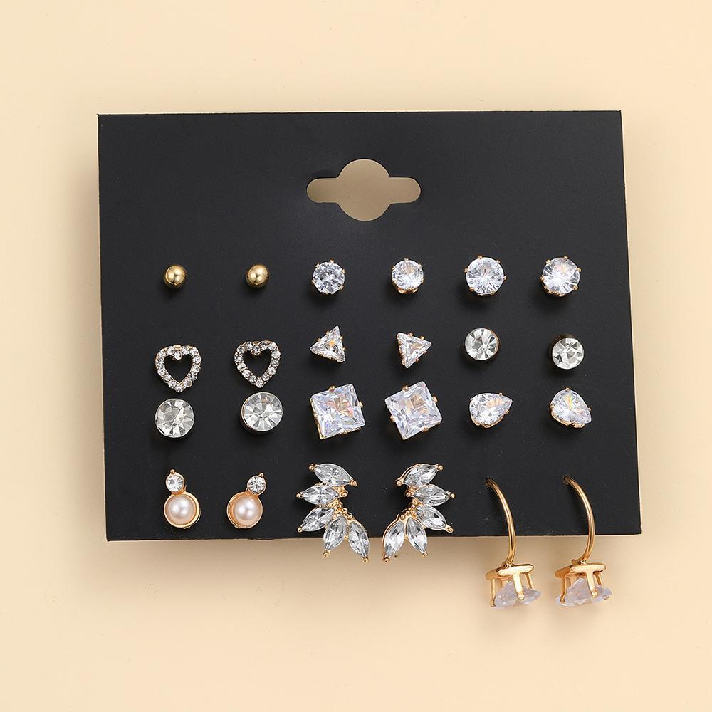 A new 12-piece set of cross-border rhinestone earrings from Europe and America, featuring Instagram-style heart-shaped triangular teardrop-shaped stud earrings full figure