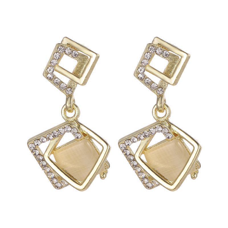 S925 Silver Needle Korean geometric cat's eye square diamond-encruffled versatile and stylish trendy stud earrings, simple and individual earrings Item Picture