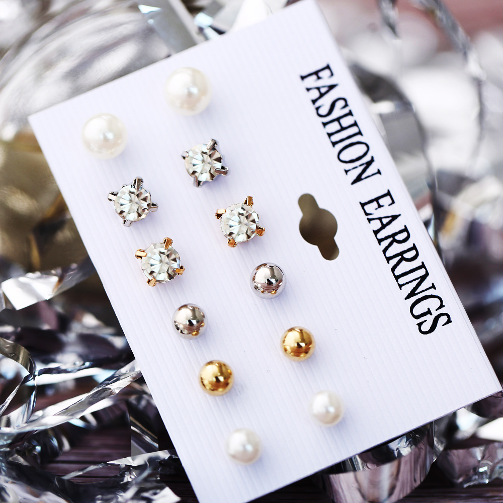 A new cross-border 6-pair set of zirconia stud earrings from Europe and America, featuring a retro and simple imitation pearl round ball earrings Application Scenario