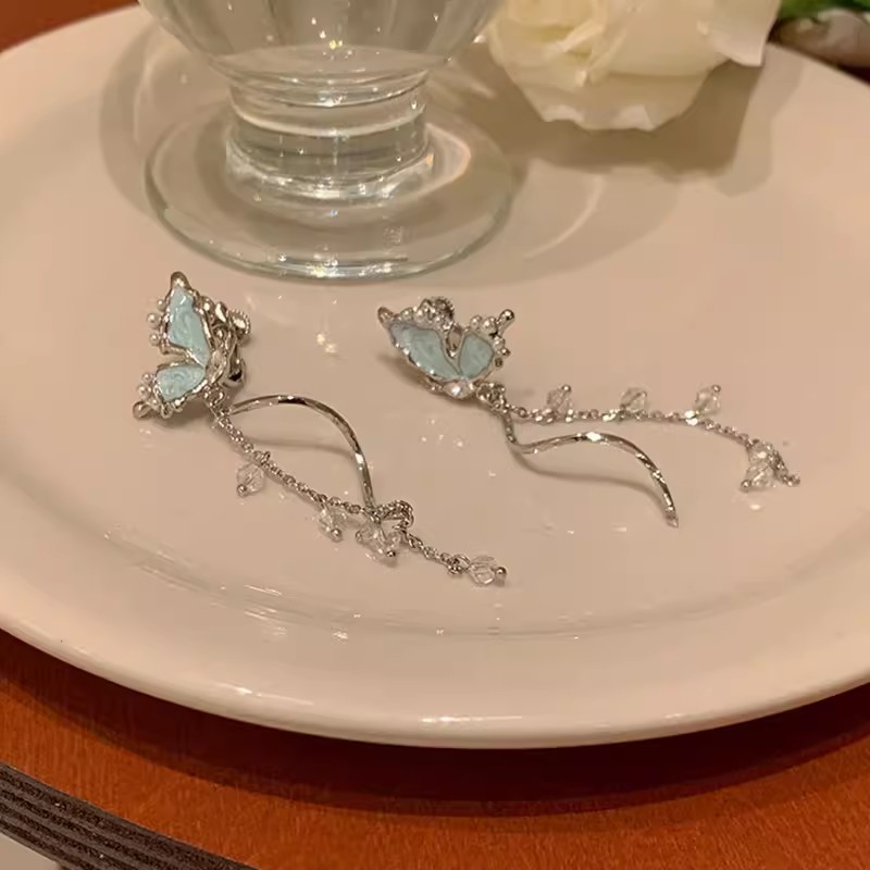 Super fairy butterfly Pearl Stud earrings for Women 925 silver needle tassel long earrings with a cool, light luxury and high-end feel details Picture