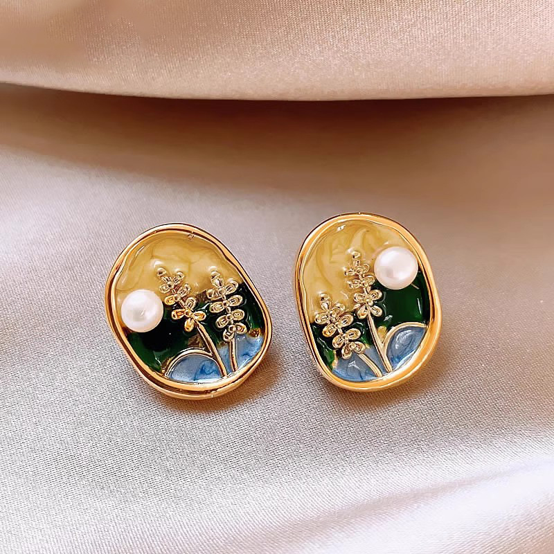 Monet Garden Baroque Pearl Stud Earrings for Women, retro round earrings, oil painting series earrings, 2025 New bestsellers full figure