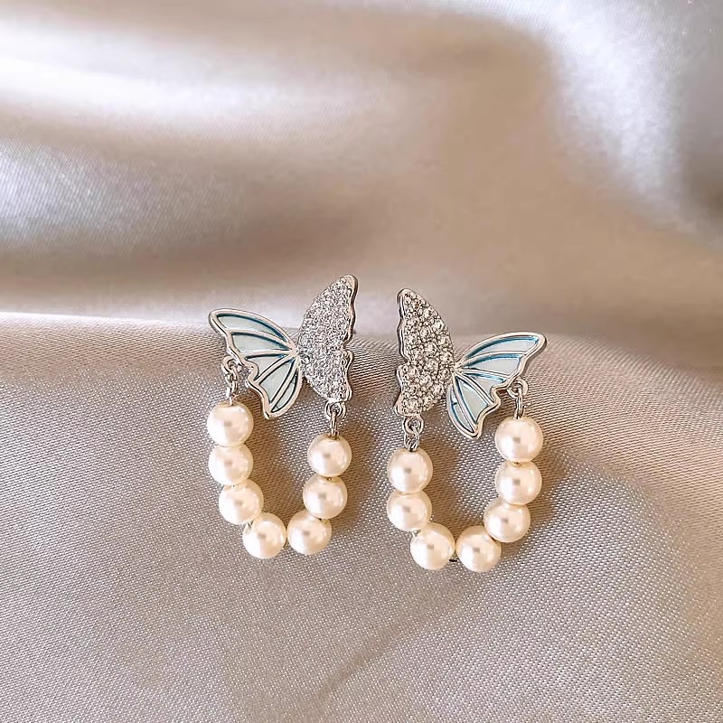 Blue micro-inlaid butterfly pearl earrings suitable for summer, women's 2025 new style earrings, niche design sense earrings details Picture
