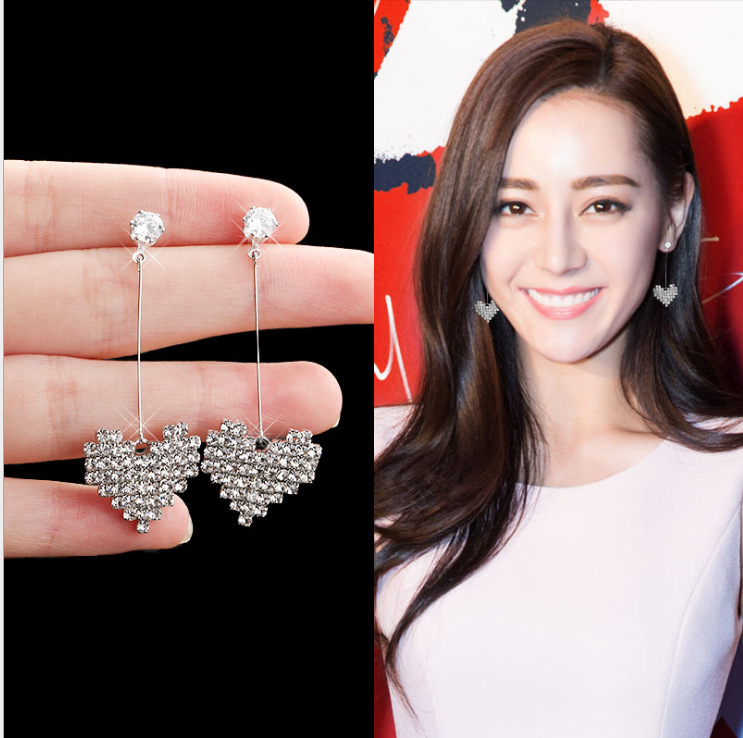 S925 sterling silver heart-shaped full diamond earrings for women, Korean style earrings, long, personalized and versatile earrings, internet-famous earrings full figure